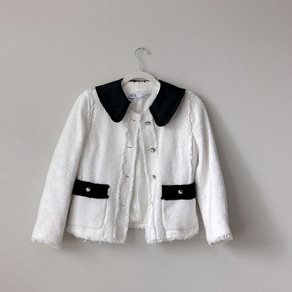 ZARA BLAZER TWEED WHITE BLACK GEM BUTTONS COLLAR DETACHABLE - Picture 7 of 9